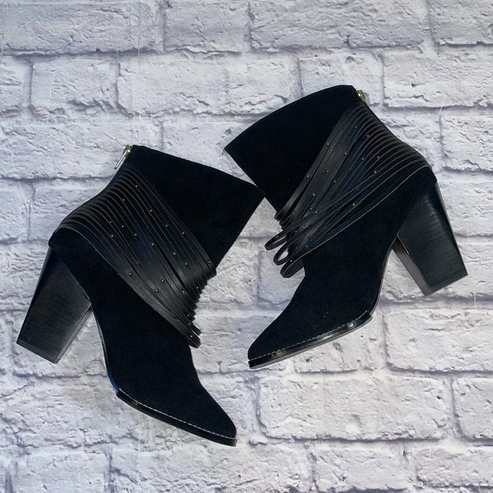 Kelsi Dagger Suede Black Back Zip Block Heel Studded Straps Pointed Toe Size 10M